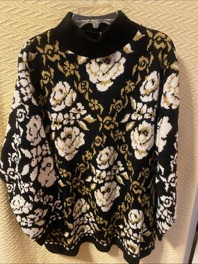 EXCHANGE Black Knit Sweater with White and Gold Floral Jacquard